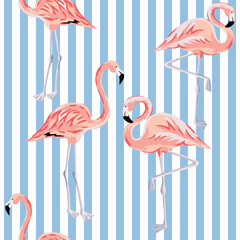 Tropical pink flamingo, striped background. Vector seamless pattern. Exotic birds illustration. Summer beach design. Paradise nature © ojardin