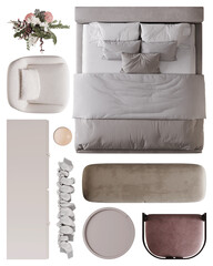 Interior Bedroom Design Furniture Pack – Top View, 3d rendering