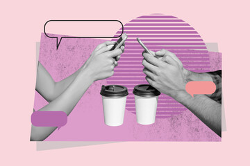 Contemporary artwork collage of hands hold phone device networking bubble communication speech...