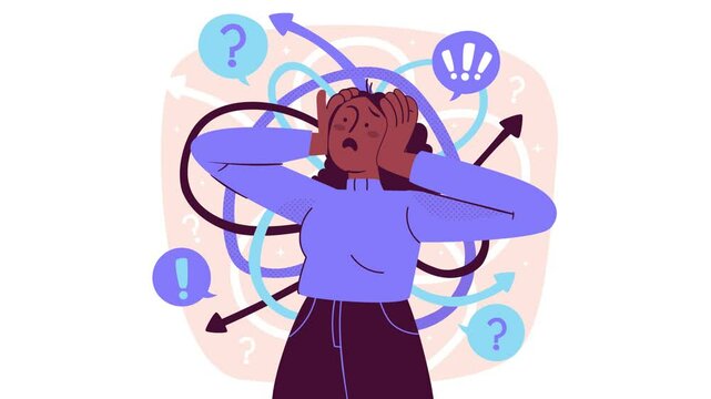confused brunette woman with question marks all around animation 4k
