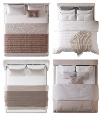 Top view double bed with headboard, blanket and pillows, 3d rendering