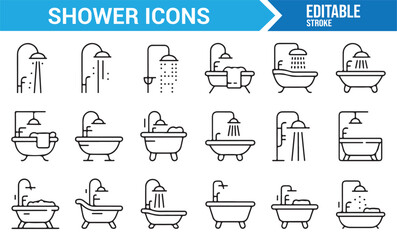 Line Art Icons for Showers and Bathtubs: Various Bathroom Fixtures and Water Flow