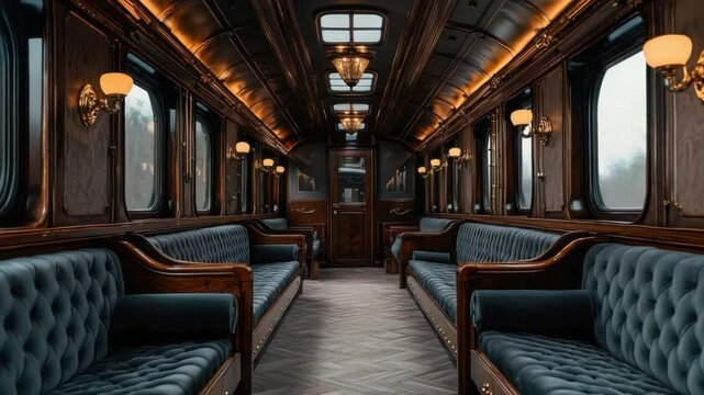 Elegant Vintage Train Interior with Luxurious Seating and Warm Lighting 4k video footage