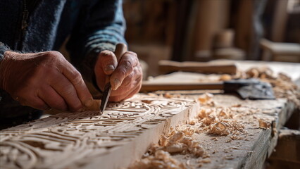 A skilled artisan carving intricate patterns into a piece of wood using traditional hand tools, wood shavings scattered across a worn workbench, craftsmanship.