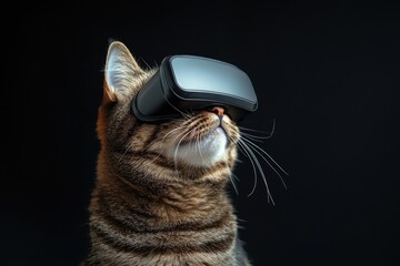 Cat Wearing Virtual Reality Headset on Black Background Close-Up