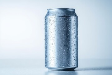 Cold Aluminum Beverage Can with Droplets on a Light Background