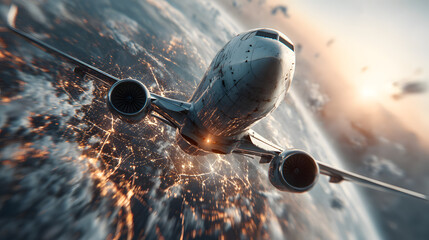 Airplane flying over globe with cityscape and business charts symbolizing global logistics and air transport