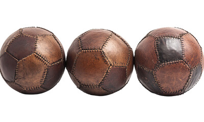 Vintage leather soccer balls with stitched panels retro sports equipment isolated on transparent background.