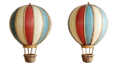 Vintage hot air balloons with colorful stripes retro travel and adventure isolated on transparent background.