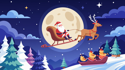Naklejka premium Santa Flying in Sleigh with Reindeer Over Snowy Night Scene Background.