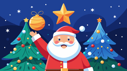 Santa Claus Celebrating Christmas With Decorative Trees and Festive Ornaments