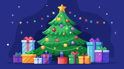 Decorated Christmas Tree with Ornaments and Gifts Underneath Ready for Celebration.