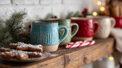 A rustic kitchen setting featuring a set of colorful Christmas mugs lined up on a wooden shelf, surrounded by gingerbread cookies, candy canes, and pine branches dusted with fake snow, festive mood.