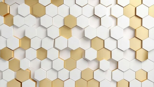 Geometric hexagon pattern in alternating gold and white, modern abstract background with raised hexagon shapes and elegant color scheme.