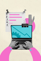 3d sketch image vertical collage of it-specialist hands hold laptop gearwheel programming...