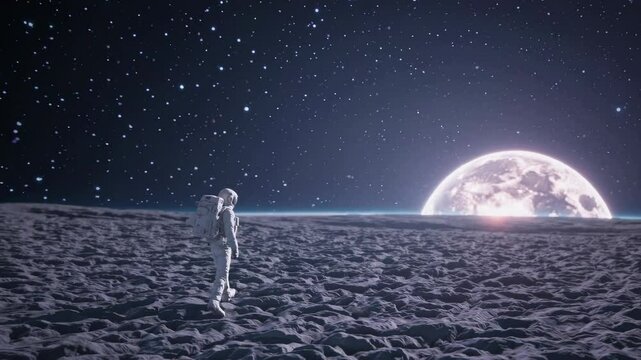 Astronaut explorers planet under starry sky. Astronaut stands rocky terrain deep space, illuminated bright moonlight planet. Futuristic mission highlights astronaut exploratory interplanetary journey