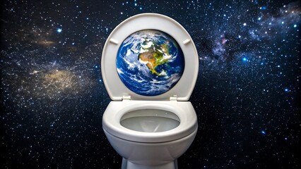 Surreal concept of planet Earth inside toilet bowl against outer space background symbolizing environmental crisis
