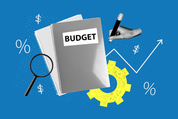 Creative art sketch photo collage of business hand draw pencil doodle arrow dollar capital notepad budget gearwheel magnifier