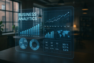 Holographic Business Analytics Interface Showing Graphs Charts and Percentages on Dark Table image
