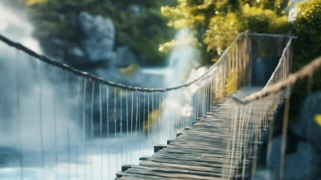 Rustic rope bridge across a misty chasm