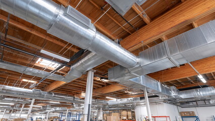 Wide-angle view of a commercial HVAC system in a warehouse, featuring multiple interconnected ventilation ducts, support brackets, and air vents suspended from exposed ceiling beams.