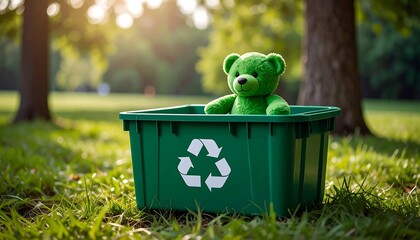 Green Teddy in Recycle Bin with Park.