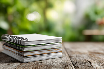 A close-up shot of a stack of blank paper sheets on top of a spiral notebook, positioned on a wooden surface with a blurred green background, creating a sense of natural light and study.