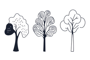 Three stylized tree illustrations black and white minimalist nature design simple graphic elements botanical art