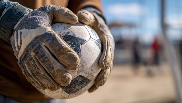 Close-up of a goalkeeper’s gloved hands gripping a soccer ball tightly, with dirt visible, captured in sharp detail.
