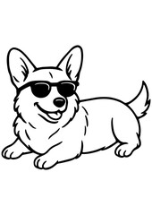 Obraz premium Cool corgi dog wearing sunglasses, lying relaxed. Black and white vector for engraving, logos, prints, coloring books, and pet projects