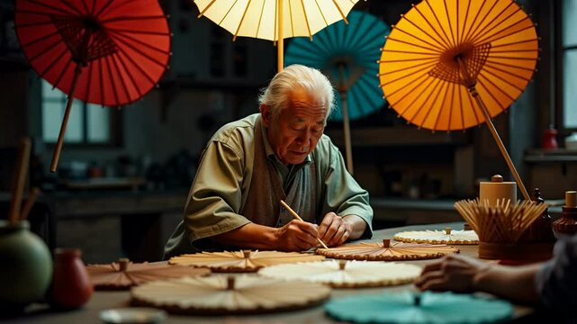 Traditional Japanese craftsman creates beautiful umbrellas by hand in serene workshop setting