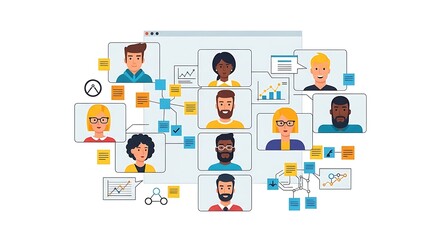 Diverse Team Members Connected in a Digital Network with Data Charts