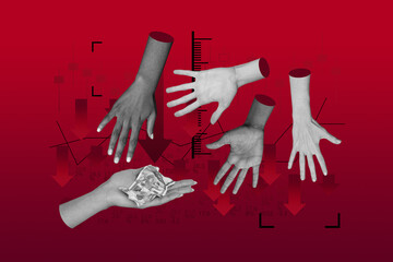 Contemporary artwork collage of hands hold crumpled dollar banknote arrow regress statistics graph...
