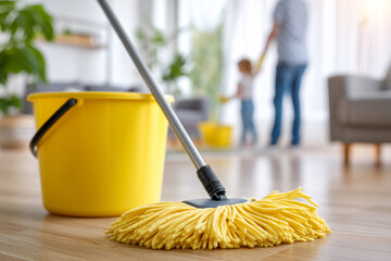 A yellow mop and bucket sit on a clean wooden floor, a child helping their parent to tidy in a bright and inviting living room.