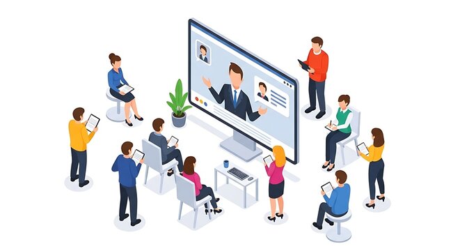 Isometric illustration of a group attending a virtual meeting on a large screen, with a presenter visible.