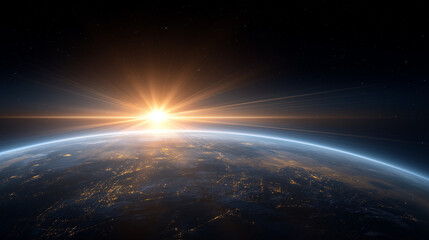 Fototapeta premium Sunrise Over Earth with City Lights Illuminated