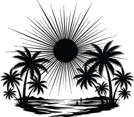 Black Silhouette Tropical Beach Sunset Palm Trees ocean
