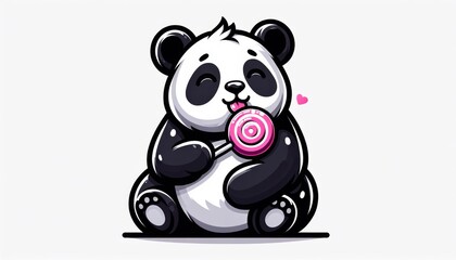Naklejka premium Cute Pixel Art Panda Enjoying a Pink Lollipop