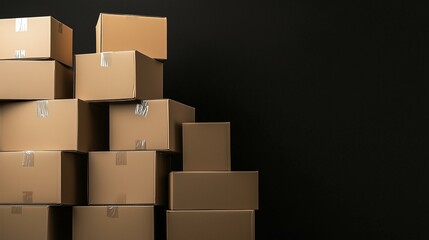 Fototapeta premium Stacked Cardboard Boxes Against Black Background