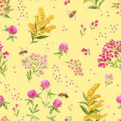 Wild flowers and bees, pattern. Yellow background. Watercolor illustrations.