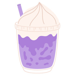 Purple soda float with whipped cream and lavender straw in clear cup