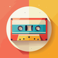 Retro audio cassette tape in colorful flat design with vintage aesthetic and long shadow style vector illustration