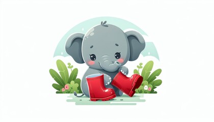 Fototapeta premium Cute Baby Elephant Putting on Red Rain Boots
