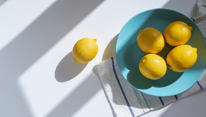 Fresh lemons in a turquoise plate on a sunlit white table