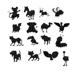 Silhouette elephant tiger bear giraffe flamingo pelican goose on a white background