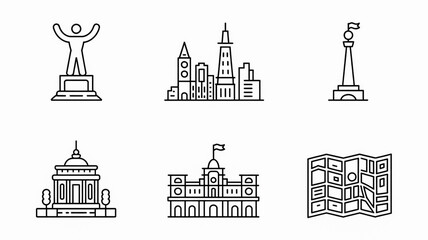Fototapeta premium City travel landmarks vector icons set for tourism and urban exploration with monument and map outline 