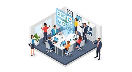 Isometric view of a diverse team collaborating on data analysis in a modern office