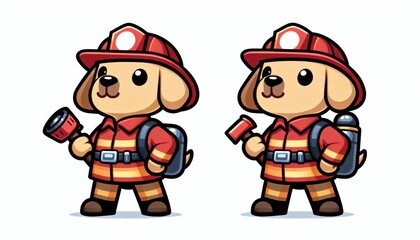 Naklejka premium Two Cute Pixel Art Dogs Dressed as Firefighters
