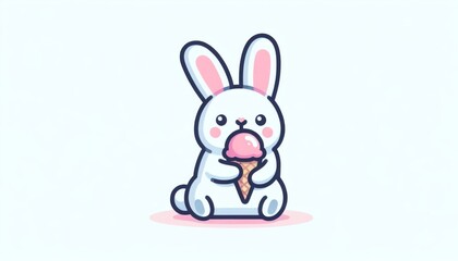 Fototapeta premium Cute White Bunny Eating Pink Ice Cream Cone
