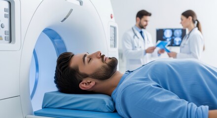 A male patient undergoes a modern MRI scan, with medical professionals in the background, symbolizing advanced diagnostics and healthcare.
